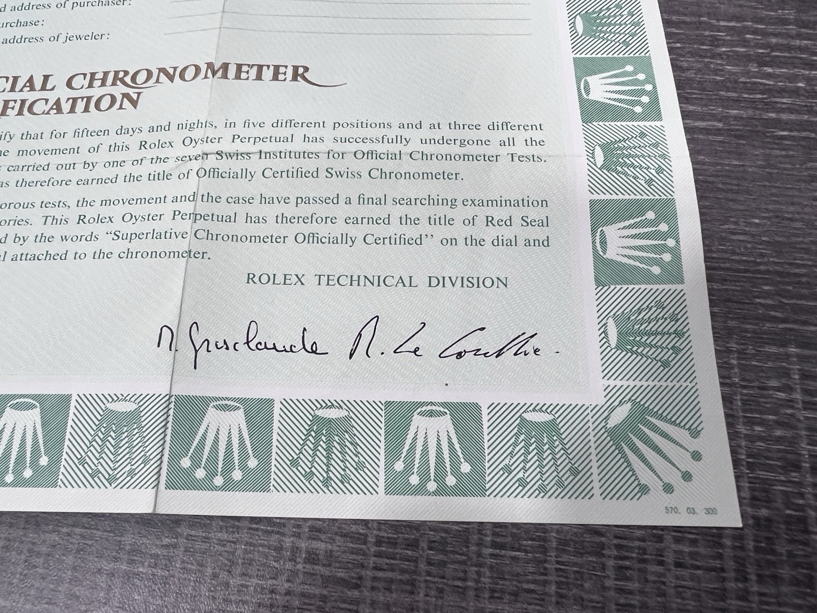 Rolex Official Watermark Certification Guarantee Blank 570.03.300 Warranty 1970s