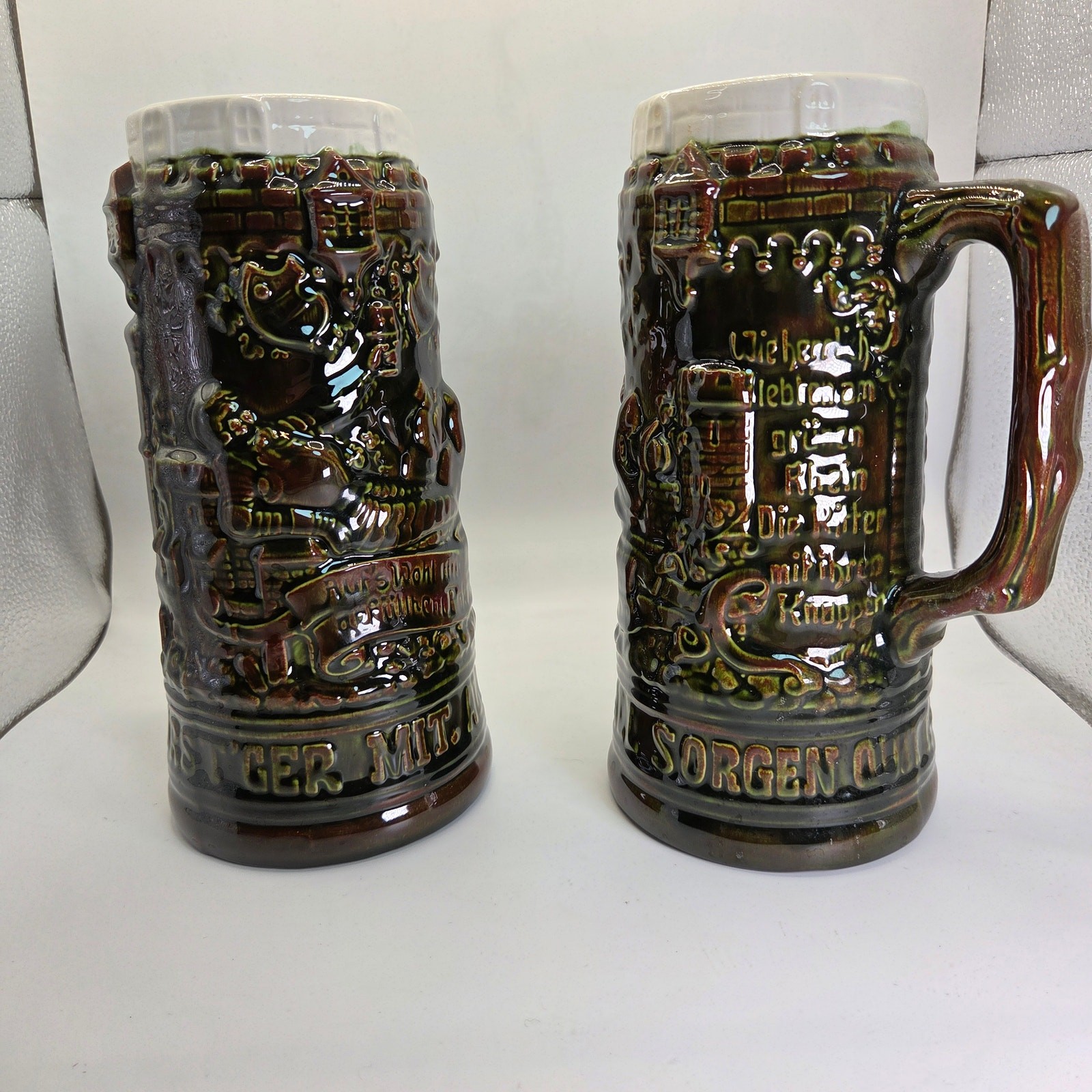 Vintage German Style Beer Steins Pair Signed “Sam :)” 8.5” Brown Glaze