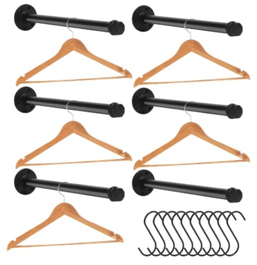 6pcs Industrial Clothes Rack, 12in, Rustic Black