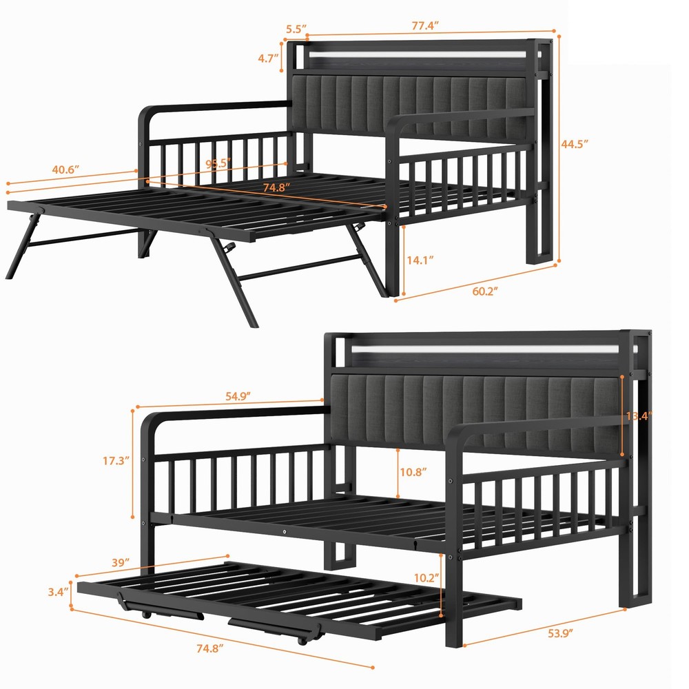 Full Bed Frame with Upholstered Storage Headboard & Charging Station Black Led