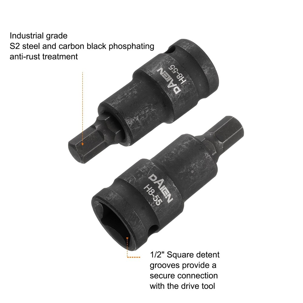 H8 Hex Bit Socket 55mm Length 1/2" Square Metric Impact Bit, Black