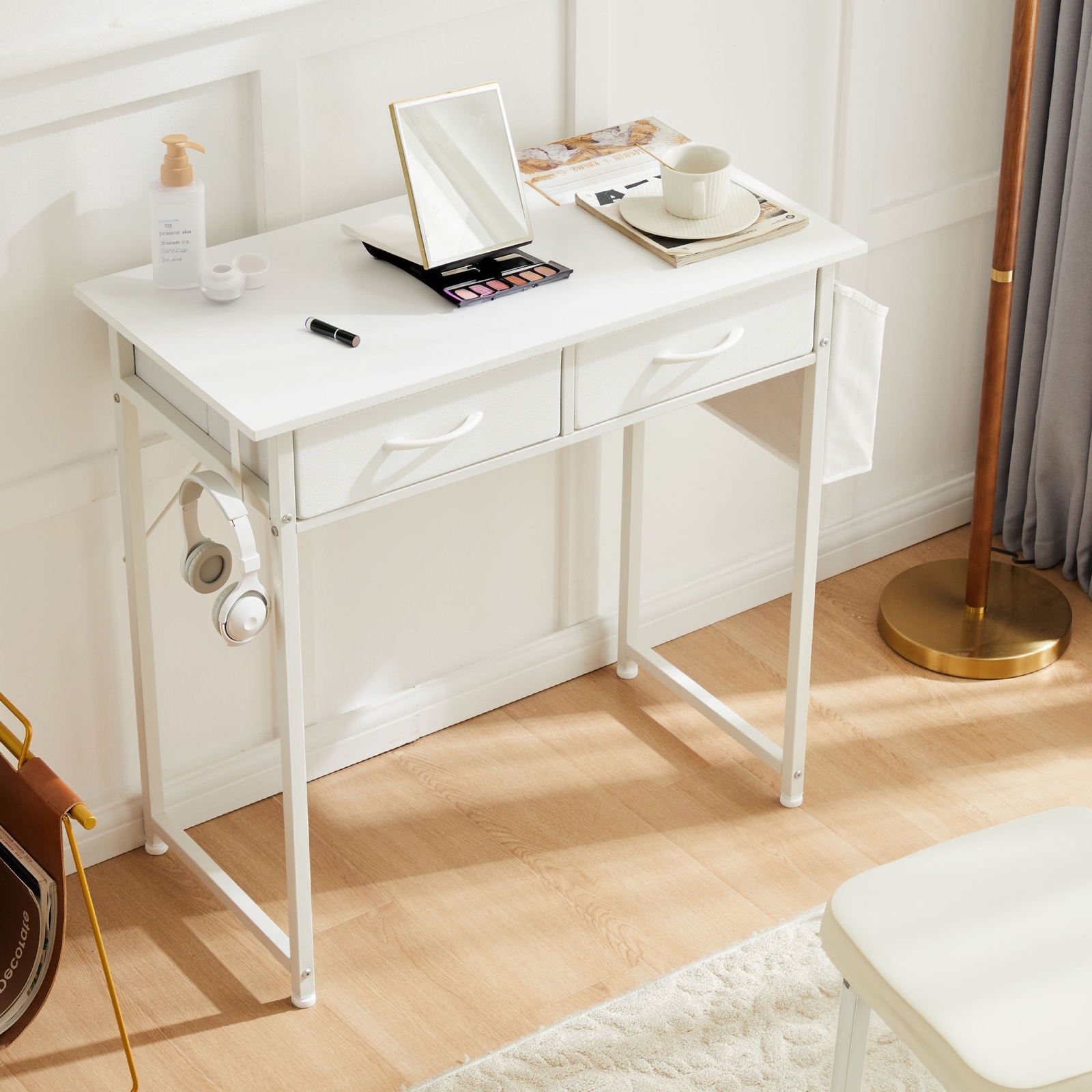 Office Computer Desk 32in Small Home Table with 2 Fabric Drawers & Side Bags