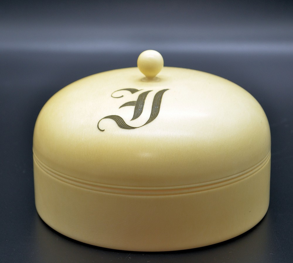 French Ivory Celluloid Powder Box Monogrammed E 5” Tall B-1