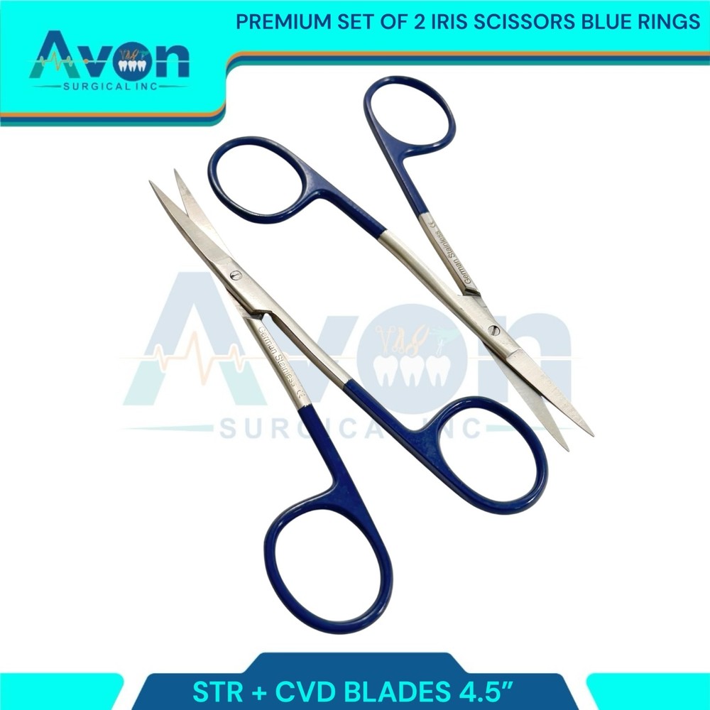 2pcs Premium Dissecting Iris Scissors with Sharp Points, Curved+Straight - 4.5in