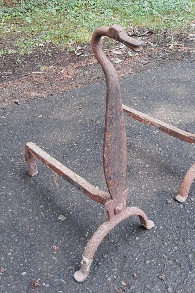 Pair Antique Wrought Iron Duck Form Andirons