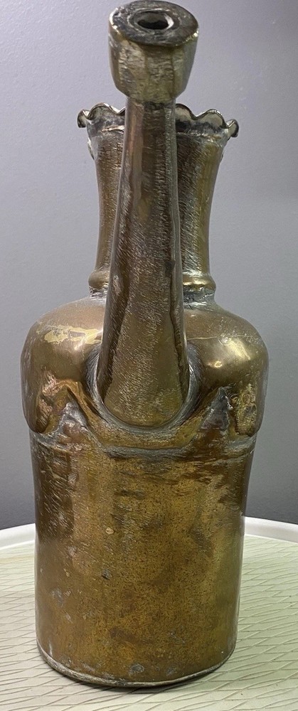 Antique Turkish Copper Water Can Pitcher Ewer Rustic Scroll Design Handmade 13”