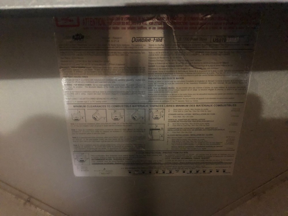 Quadra fire cb1200 pellet stove 