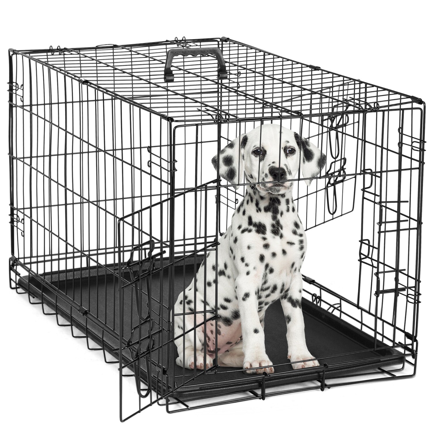 Foldable Metal Wire Dog Crate, Double Door,with Divider Panel & Plastic Pan Tray