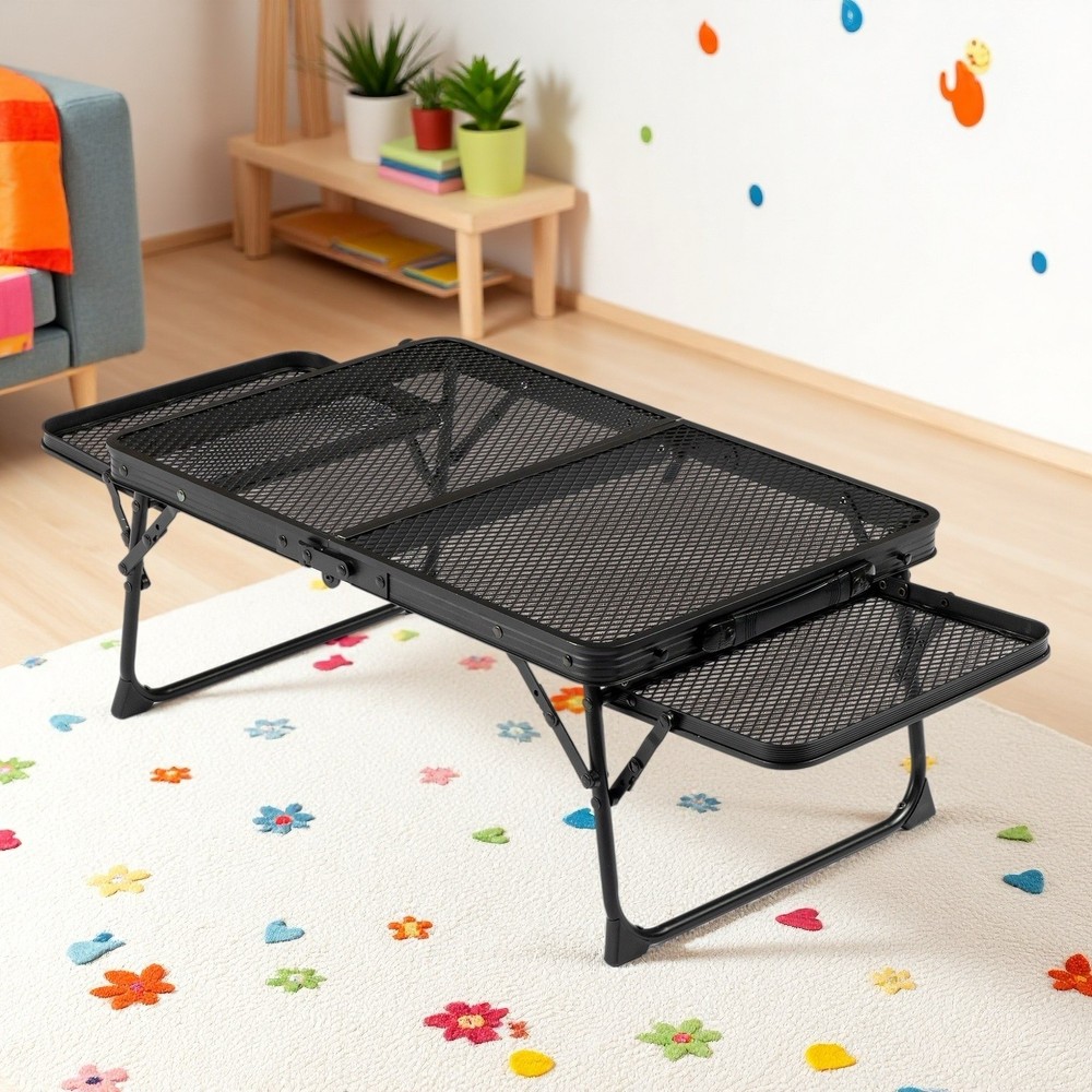 3ft Folding Camping Wire Mesh Table - Side Wings Adjustable Aluminum Frame Black