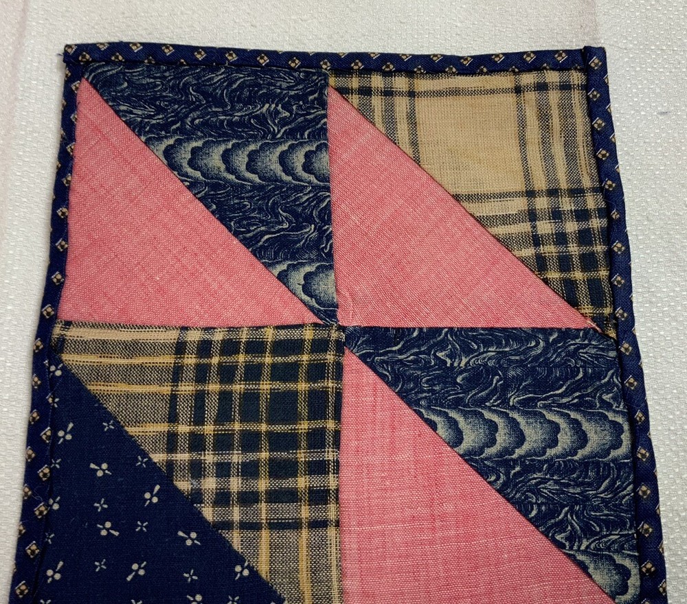 Antique Vintage Patchwork Small Doll Quilt Or Table Topper, 4 Patch W/ Triangles