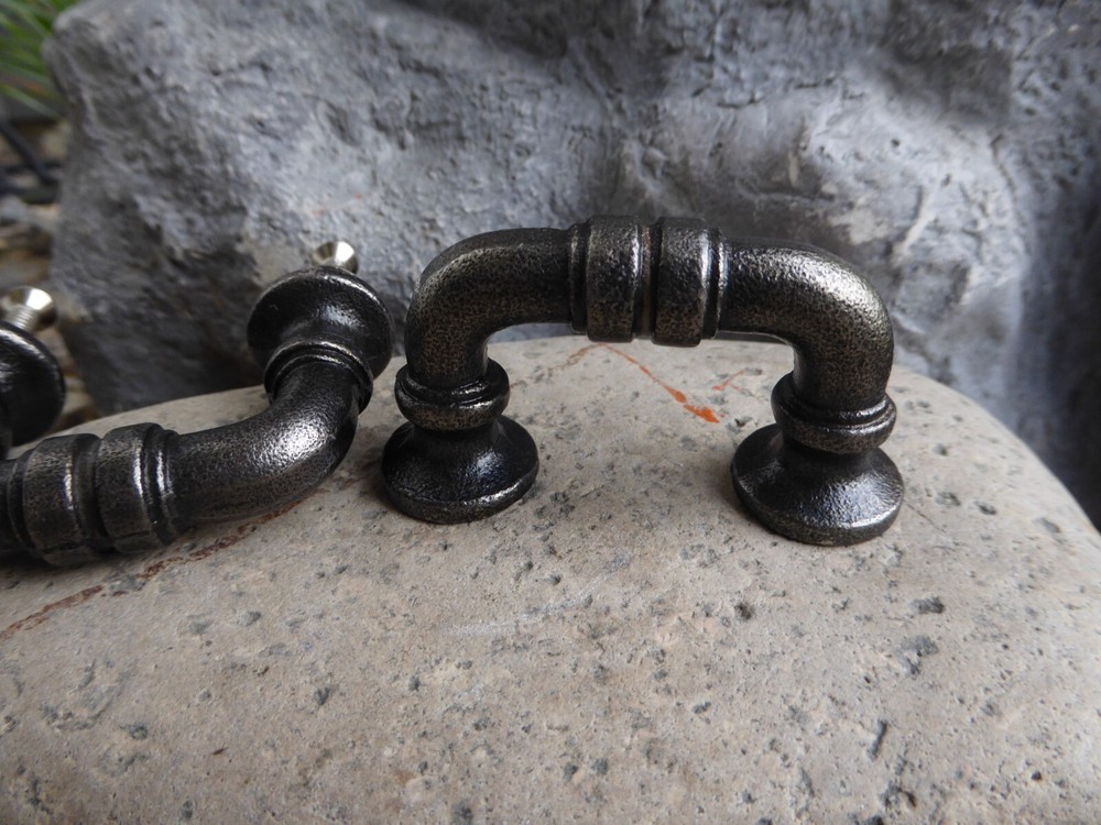 Small Antique Nickel Silver PIPE HANDLE Drawer Pull Industrial Modern Steampunk