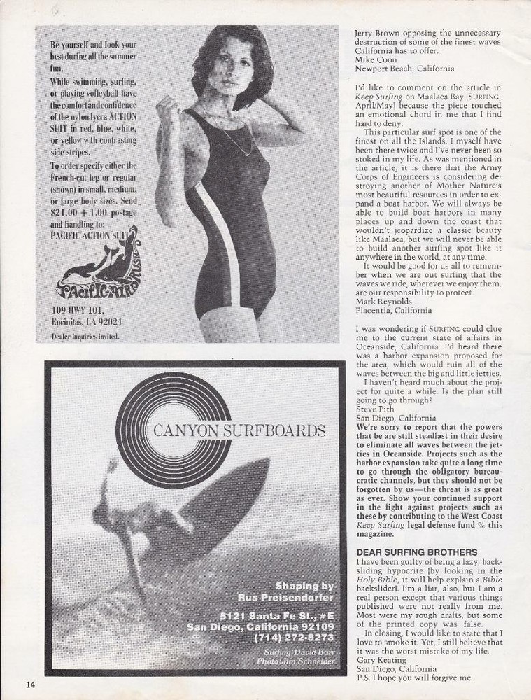 1977 Canyon Surfboard Ad / San Diego CA / David Barr