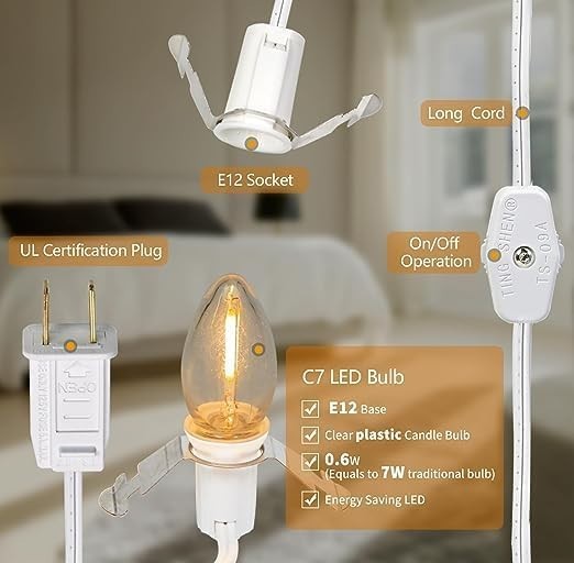 C7 Accessory Cord with 4 LED Night Light Bulb, Candelabra-Base E12 Socket Whi...