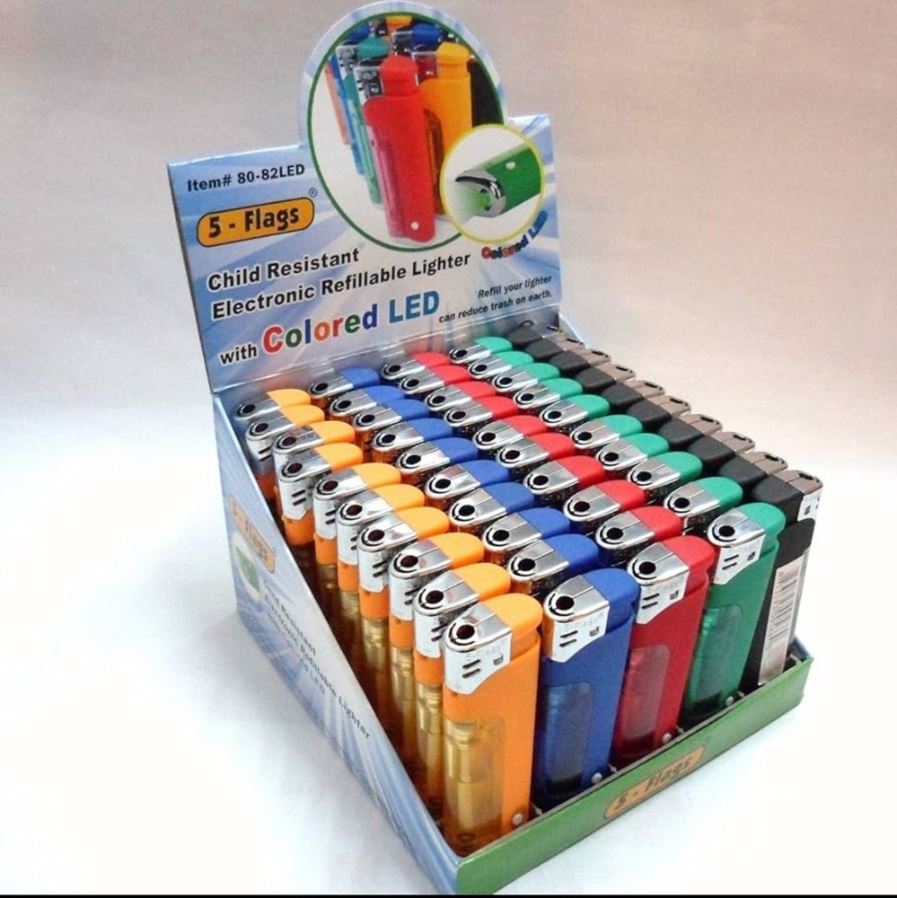 5 Flags LED Lighter Ass. Colors With LED Lighter 50 Pcs Display Box