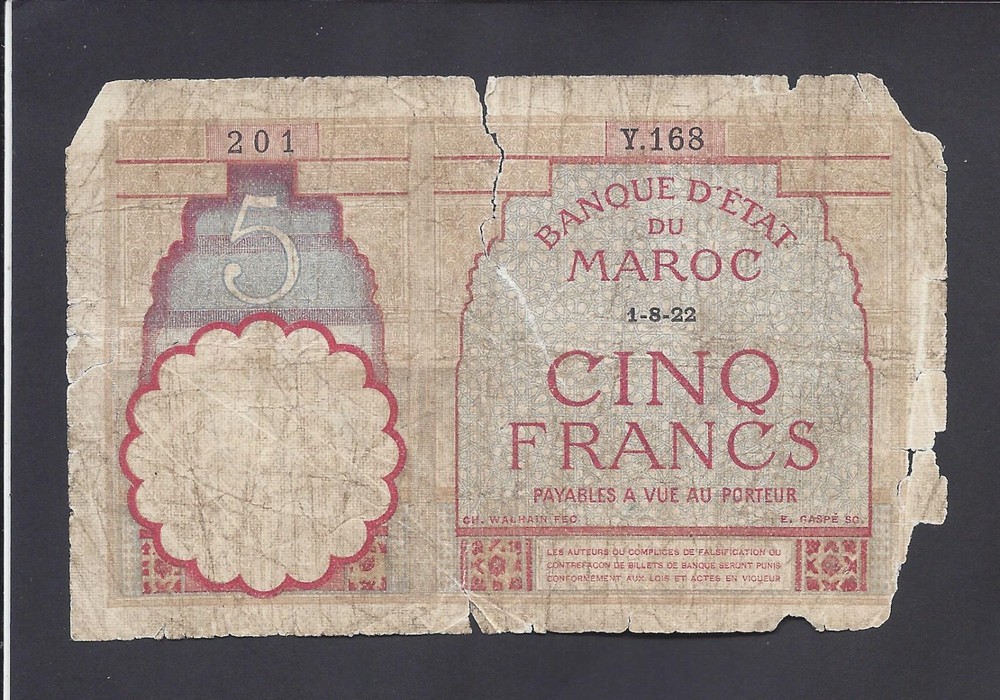 MOROCCO  -  5  FRANCS   1922   @ SCARCE DATE  @