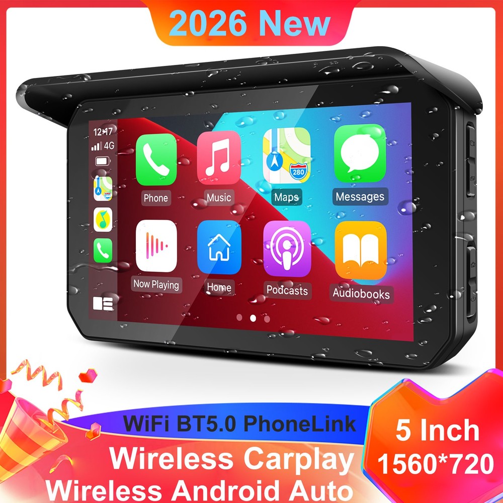 5" Motorcycle Wireless CarPlay Android Auto GPS Navi Waterproof Touch Screen