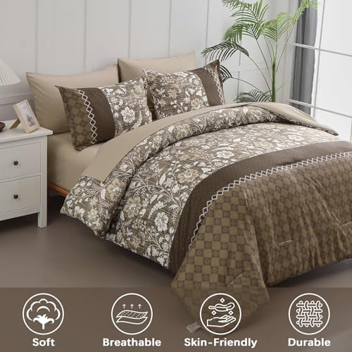 Comforter Set 7 Pieces Bed in a Bag Floral Patchwork Soft Queen Brown