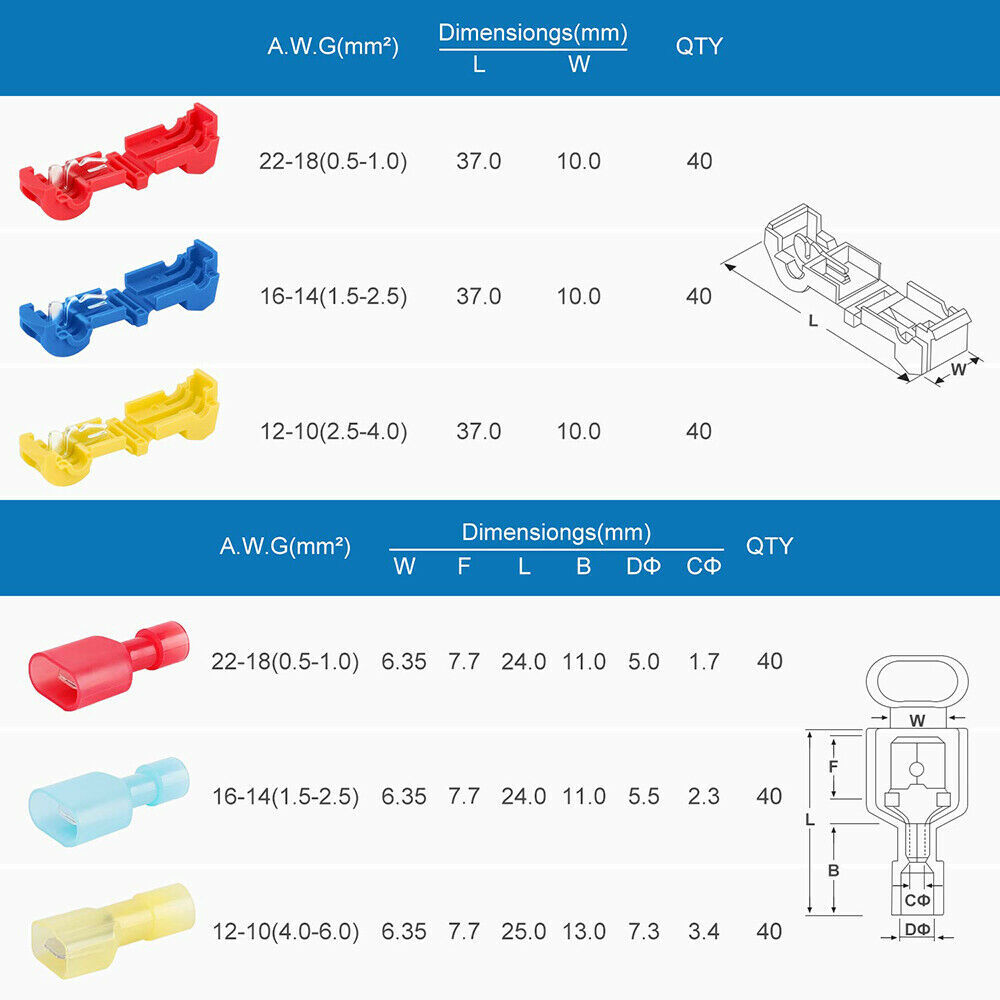 240/60Pcs T-Taps Wire Terminal Connectors Insulated 22-10 AWG Quick Splice Kit