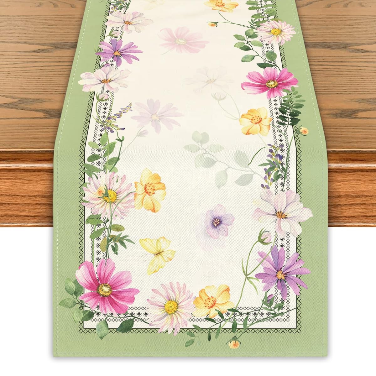 Farmhouse Spring Table Runner Flower Floral Table Cover Pastel Green Leaf Dec...