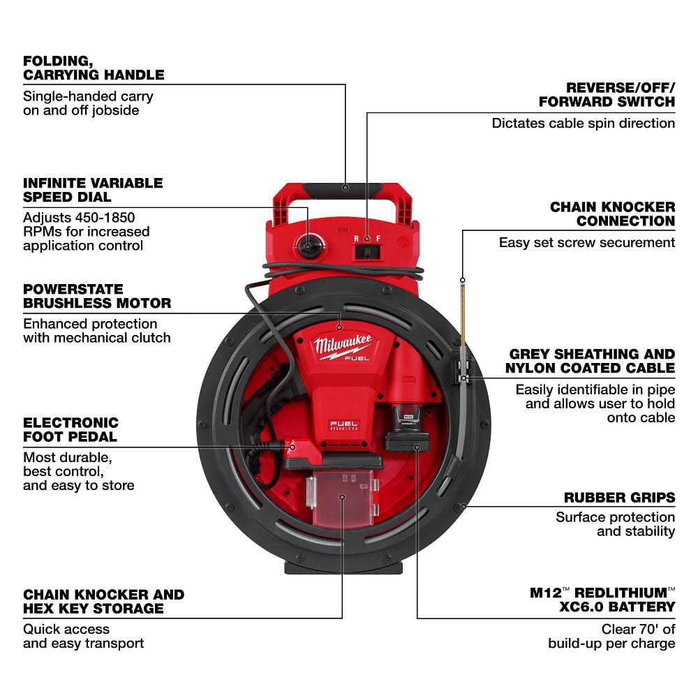 Milwaukee M12 Fuel High Speed Chain Snake For 1-1/4 Inch-2 Inch Pipes