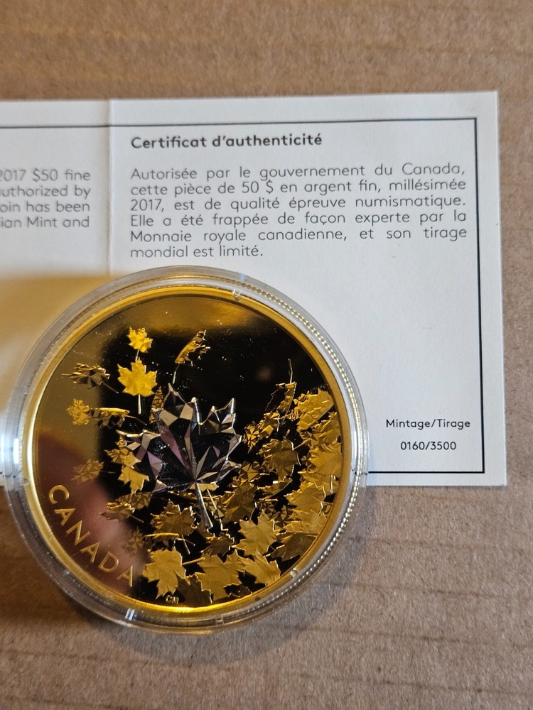 2017 $50 silver 3 oz whispering maple leaves .
