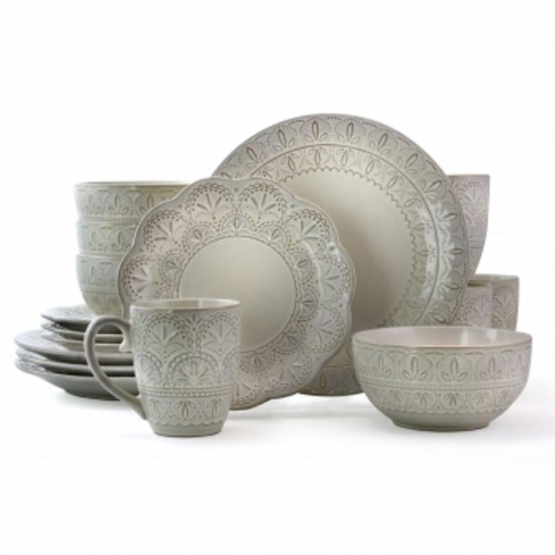 Elama White Lace 16 Piece Luxurious Stoneware Dinnerware With Complete Setting F