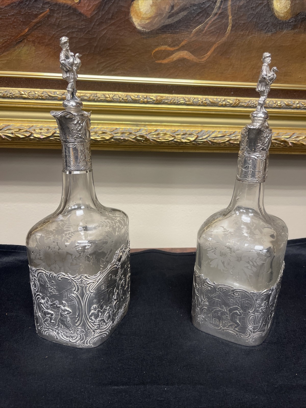 Pair Antique German Hanau Glass Decanters Bottles With sterling mounts / Tops