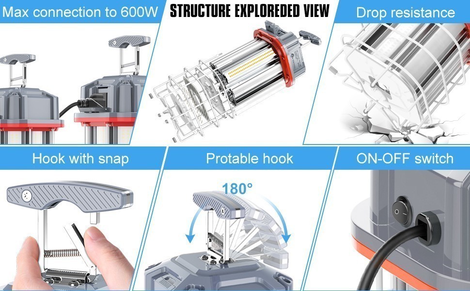 100W LED Temporary Work Light Linkable Constructions High Bay Lamp Plug In 5000K