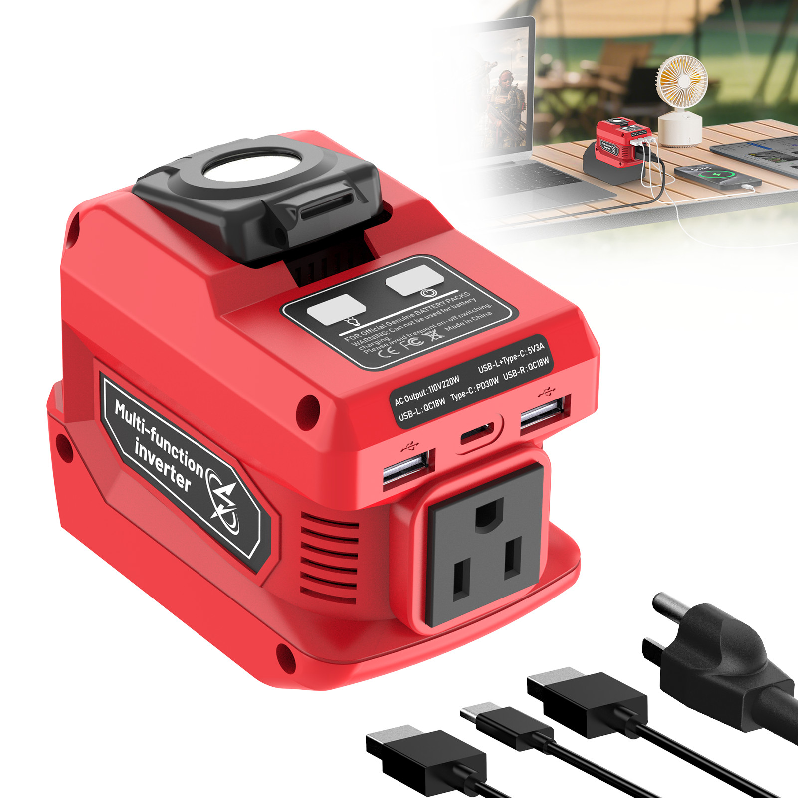 220W Power Inverter Compatible with Milwaukee 18V Battery - DC 18V to 110V AC