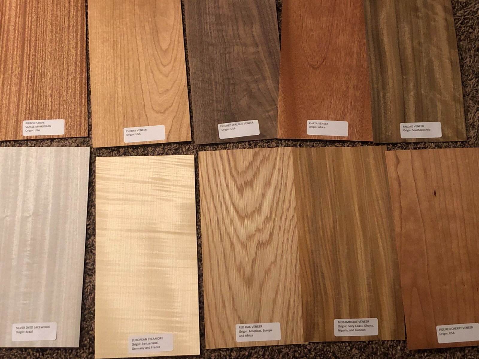 40- 6" x 12" Labeled Wood Veneer Pieces 20 Square Feet Exotic Domestic Marquetry