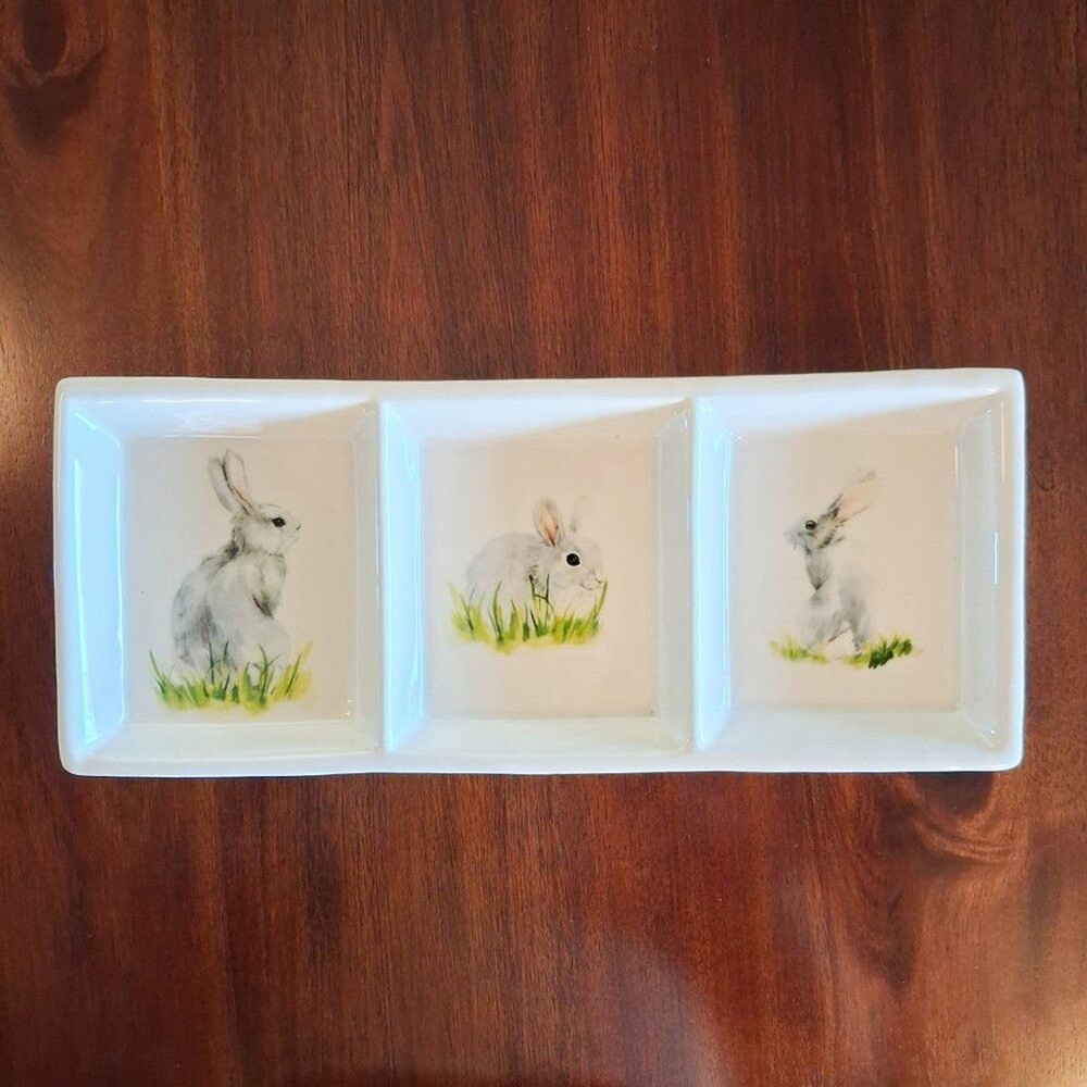 3 Compartment Ceramic Bunny Serving Dish Candy Appetizer 14.5" x 6"