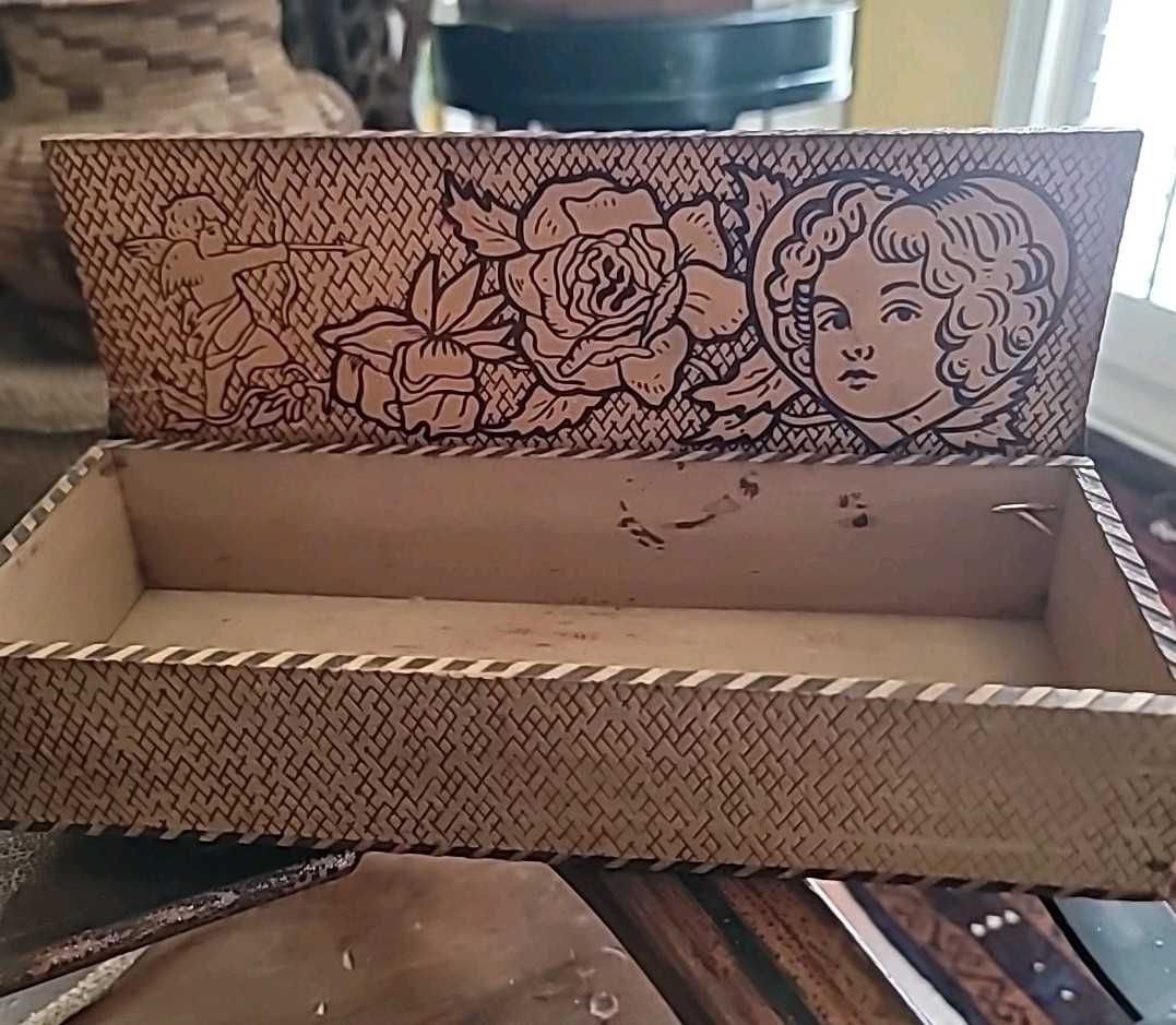 Antique Pyography Box Wood Valentine Painted Hearts Cupid Lady UNIQUE 10×3 1/2×2