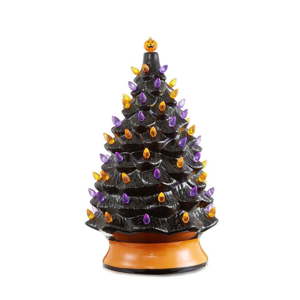 24" Pre-Lit Black Halloween Ceramic Tree Hand-Painted Tabletop with Lights