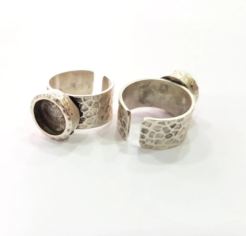 Hammered Ring Blank Setting Base Bezel inlay Backs Cabochon Antique Silver