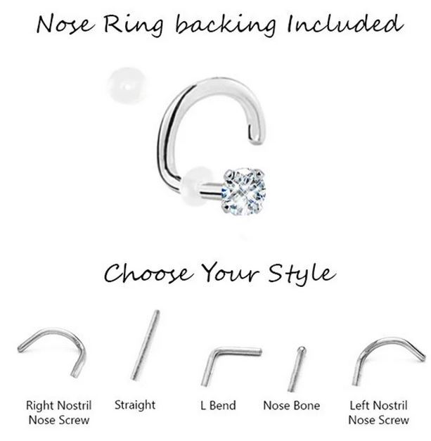 14K Solid Rose Gold Nose Ring Screw, LBend, Bone, Straight Stud, 1.5mm, 2mm
