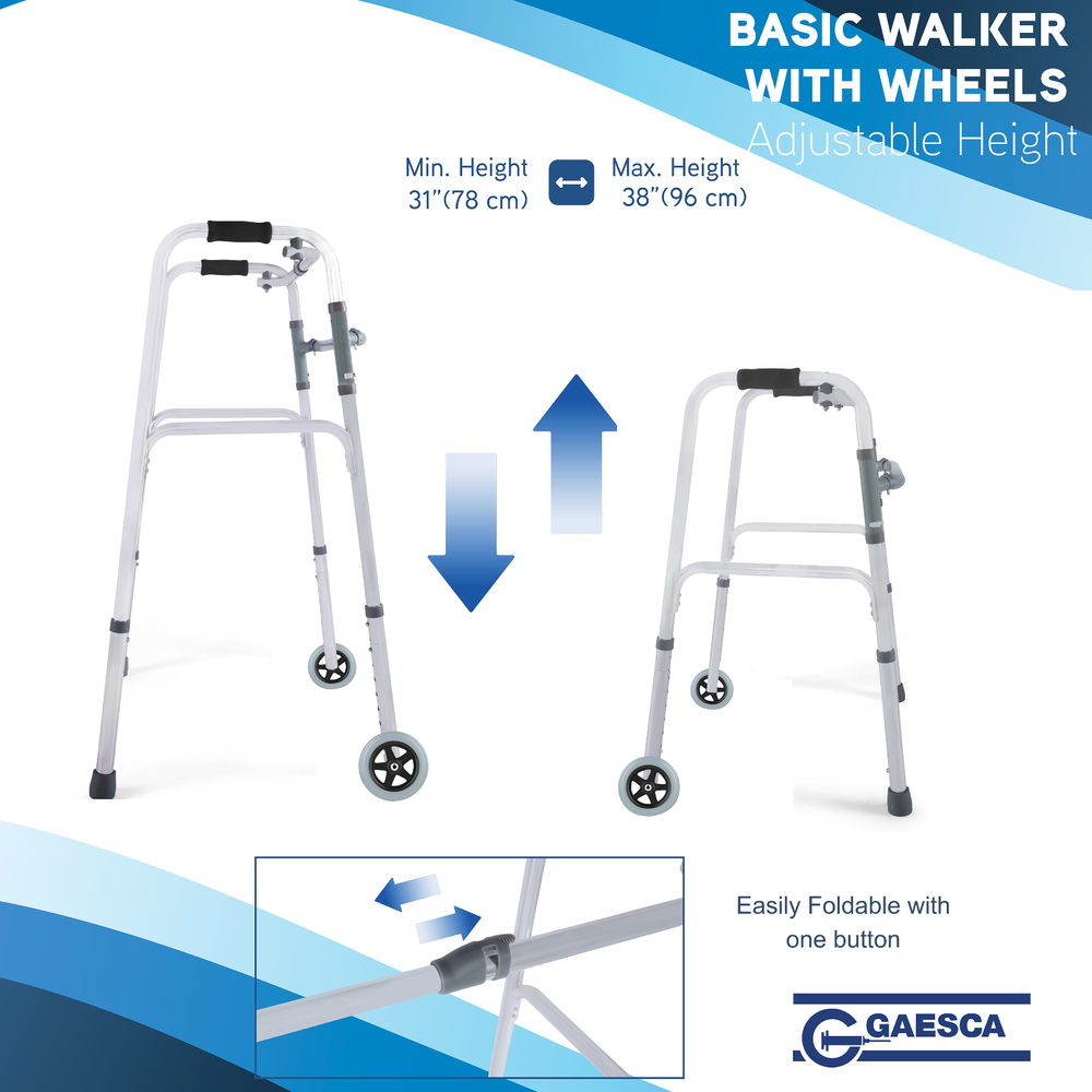 GAESCA Aluminum Reciprocal Walker with Front Wheels, Adjustable Height