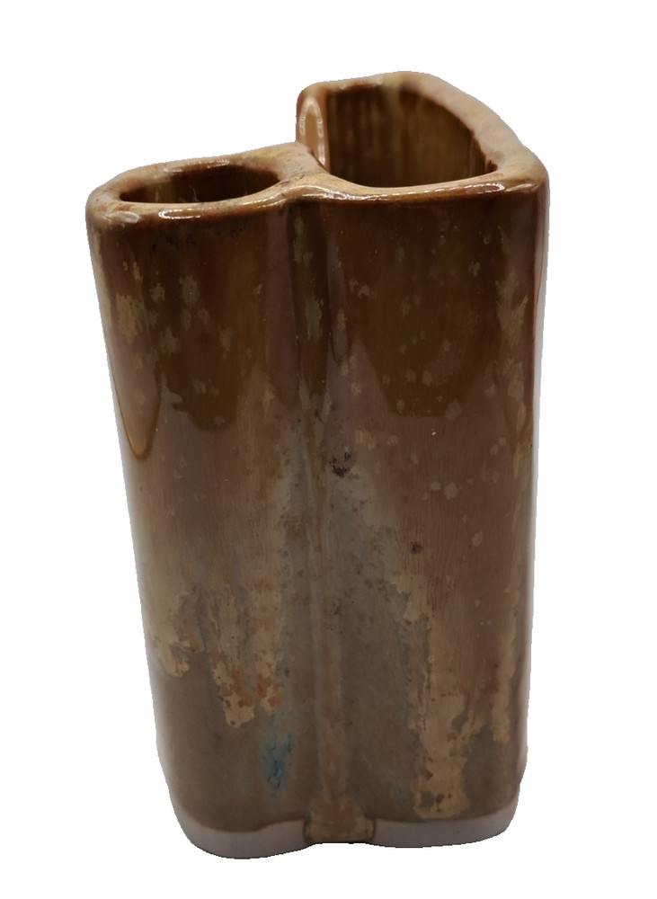 Studio Art Pottery Notepad & Pen Holder Brown Tan Drip Glaze Signed Bay