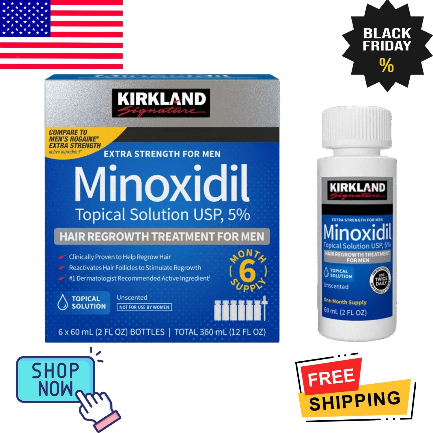 Kirkland Minoxidil 5% Hair Regrowth Solution Extra Strength Men 6 Month Supply