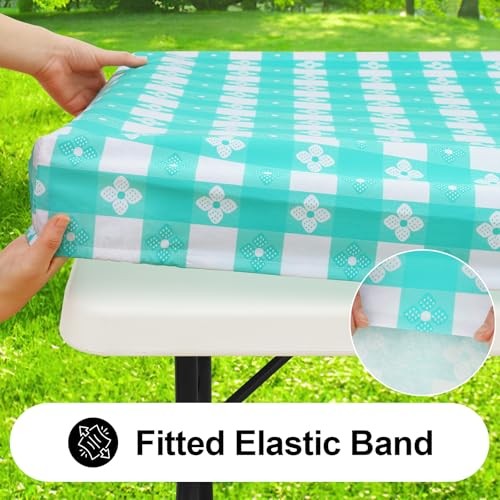 Rectangle Vinyl Table Cloth, Waterproof 60" x 30" (Rectangular) White & Teal