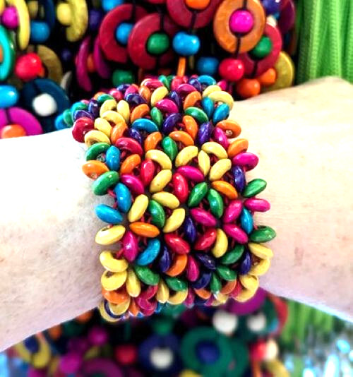 Rainbow bead thick wood bracelet