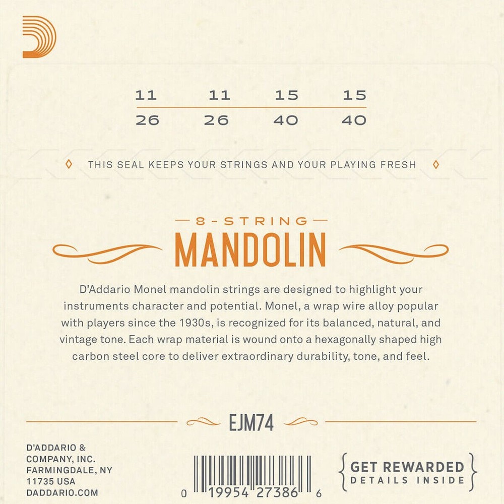 D'Addario Mandolin Strings 5 Sets Loop End Monel EJM74 11-40