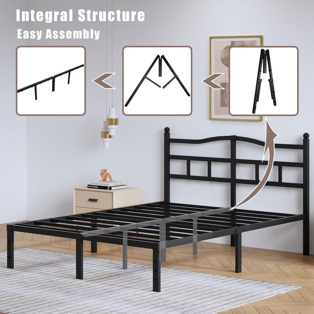 14 Inch Metal Bed Frame Full Size Heavy Duty Bedframe W/ Headboard Black Basic
