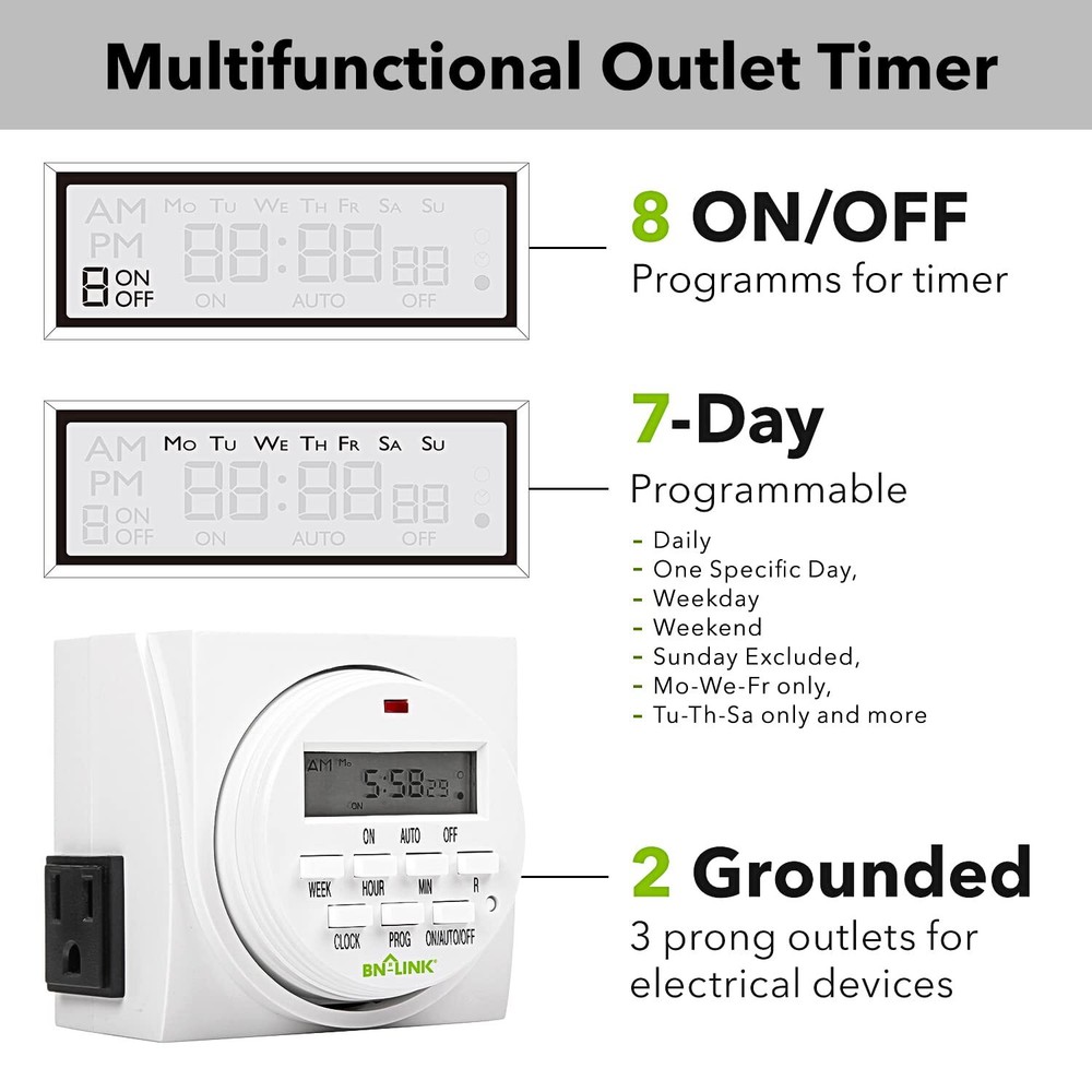 BN-LINK 7Day Heavy Duty Digital LCD Programmable Timer Dual Outlet Plug In Clock