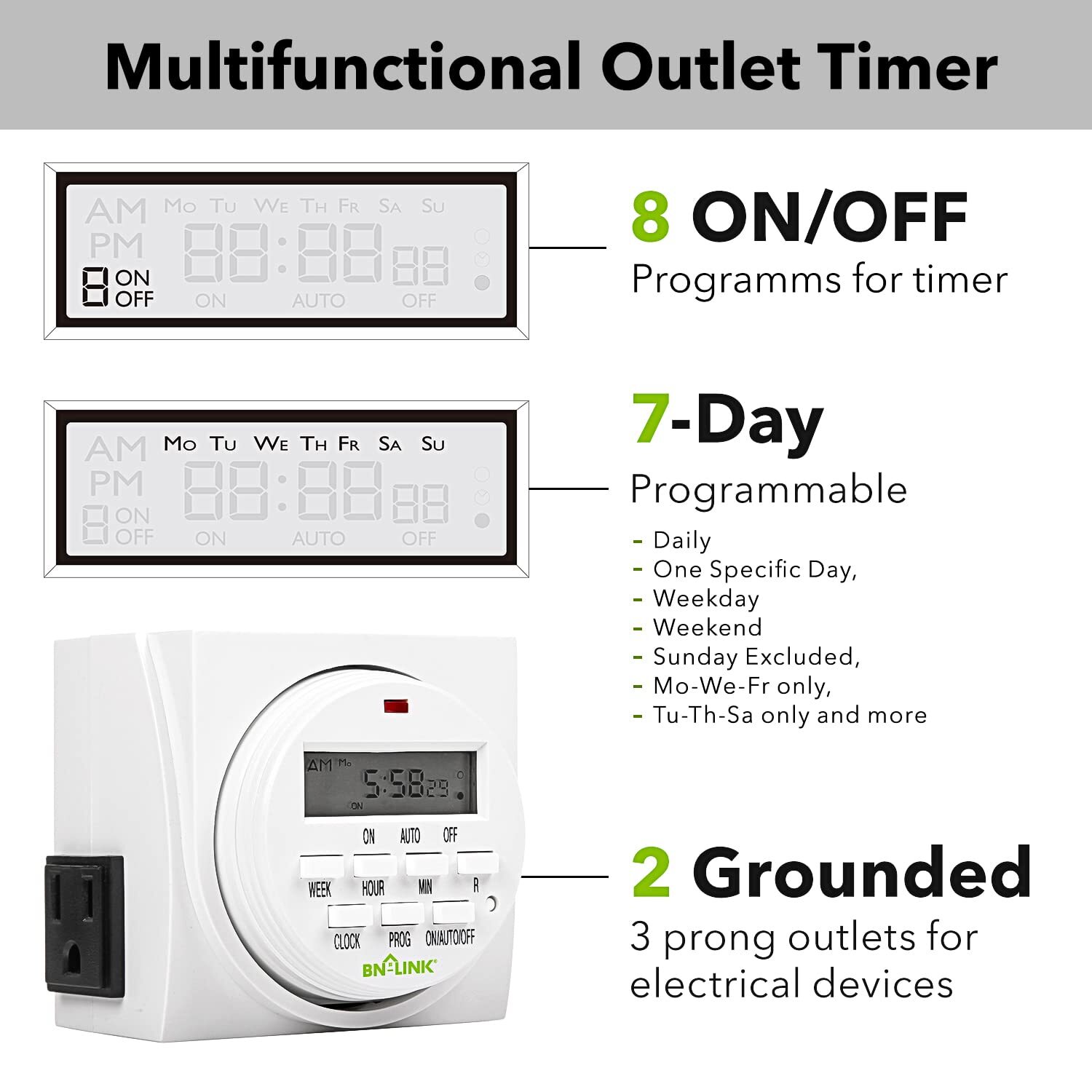 BN-LINK Heavy Duty Digital Electric Programmable Dual Outlet Timer Plug Indoor