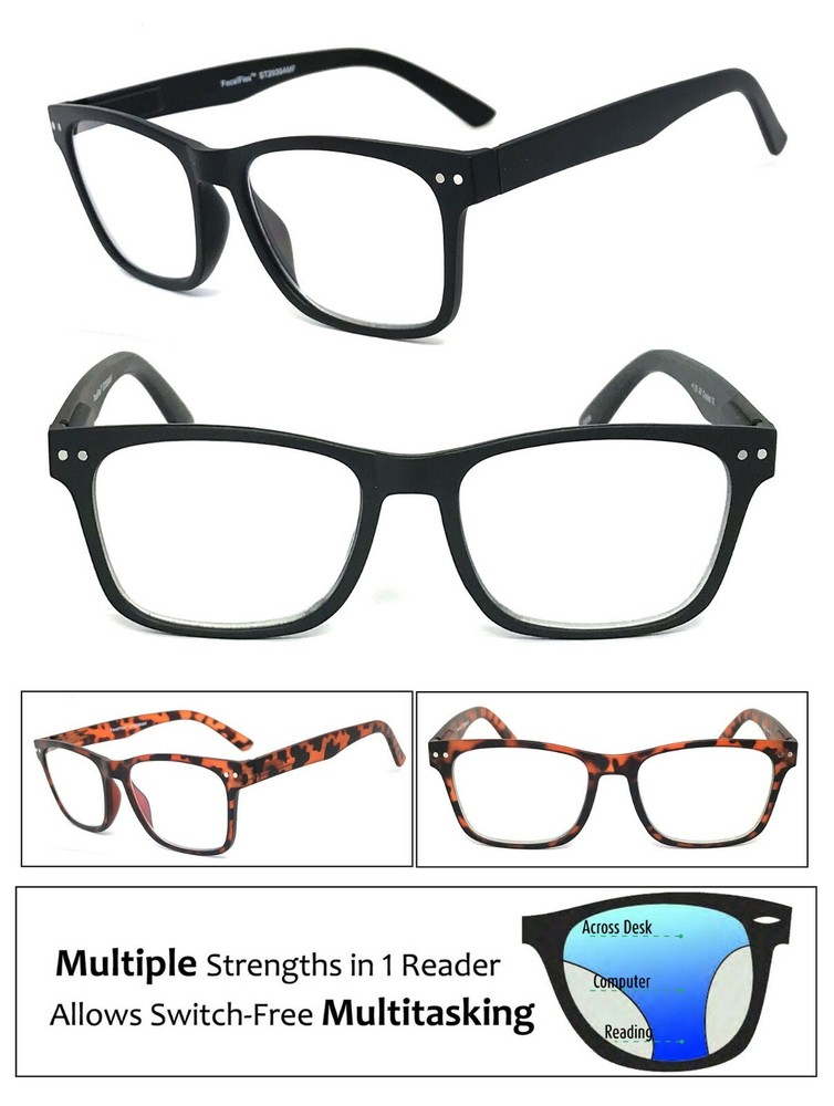 Square Frame Multi Focus Progressive Reading Glasses 3 Strengths in 1 Reader