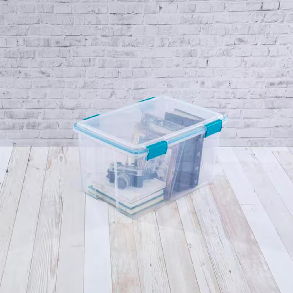 54 Qt. Plastic Stackable Storage Bin with Gasket Latch Lid, Clear (4-Pack)