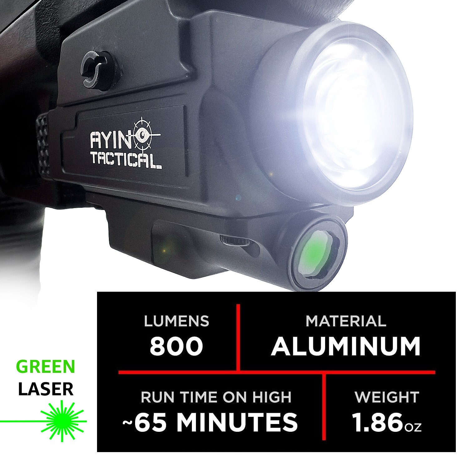 800 Lumen LED Pistol Light with Laser, Rechargeable, Quick Detach Mount - AYIN
