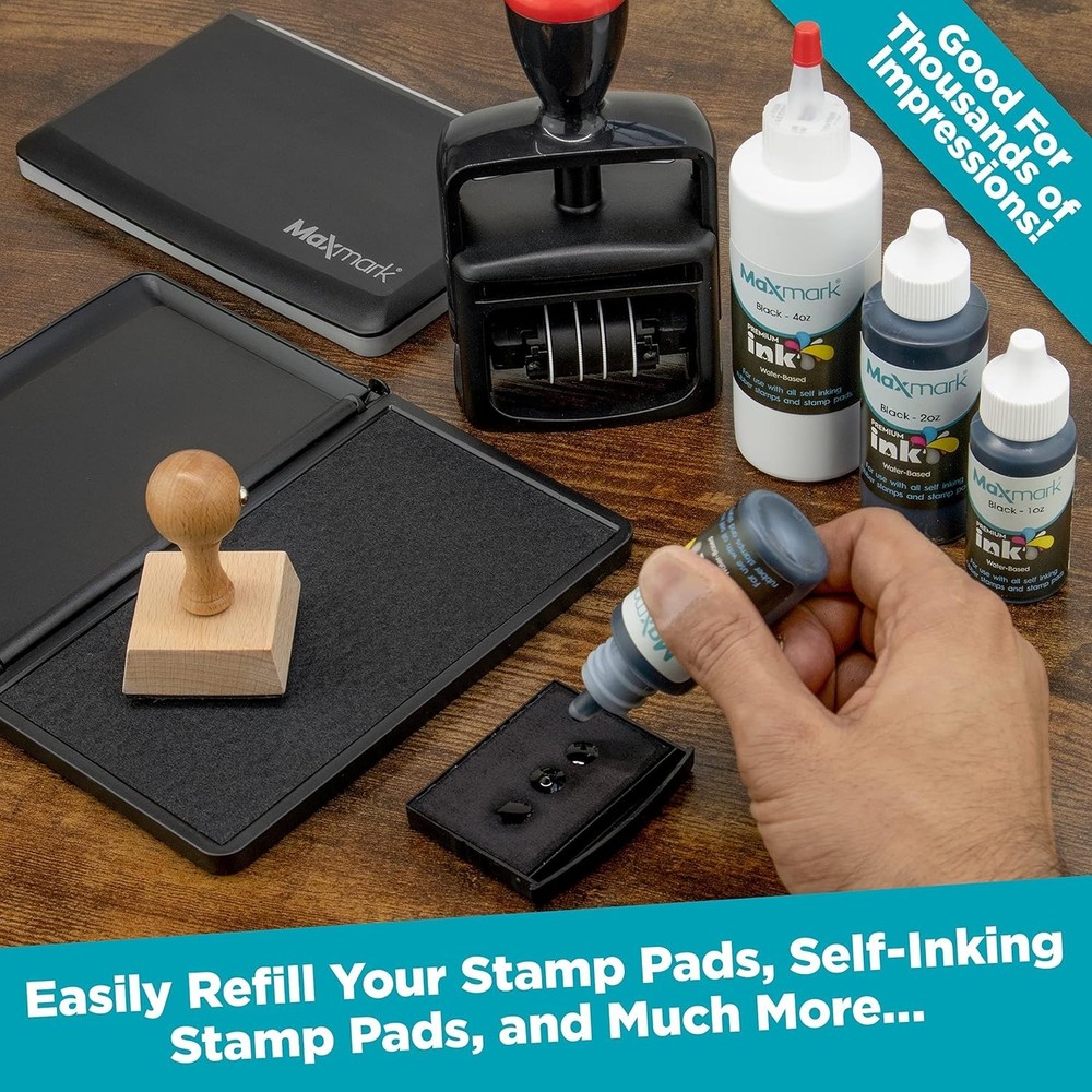 Quality Black Refill Ink with Control Tip - 1 oz Bottle for Self-Inking Stamps