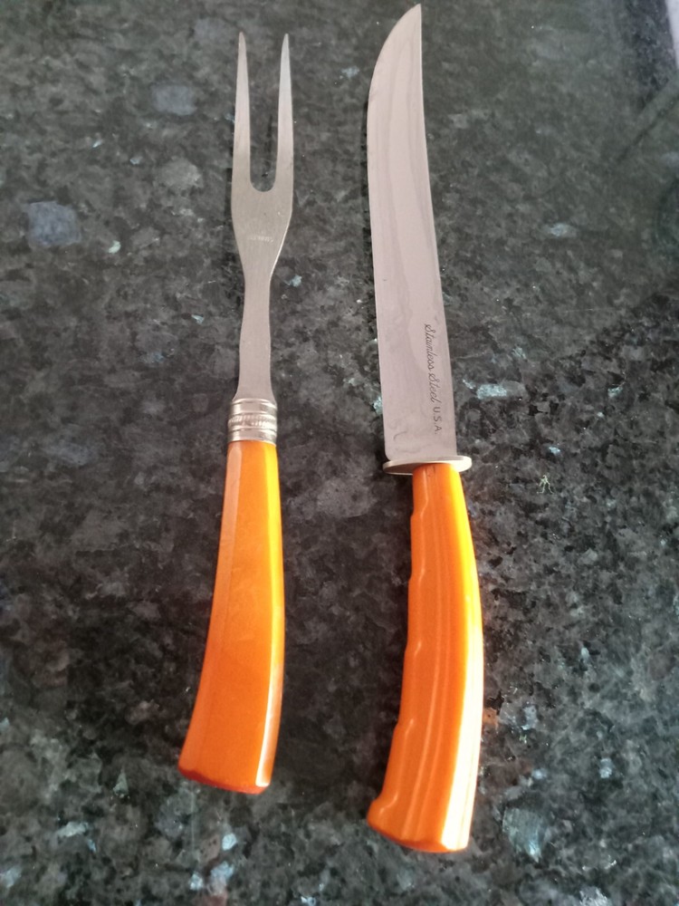 BUTTERSCOTCH BAKELITE SERVING LARGE FORK & KNIFE