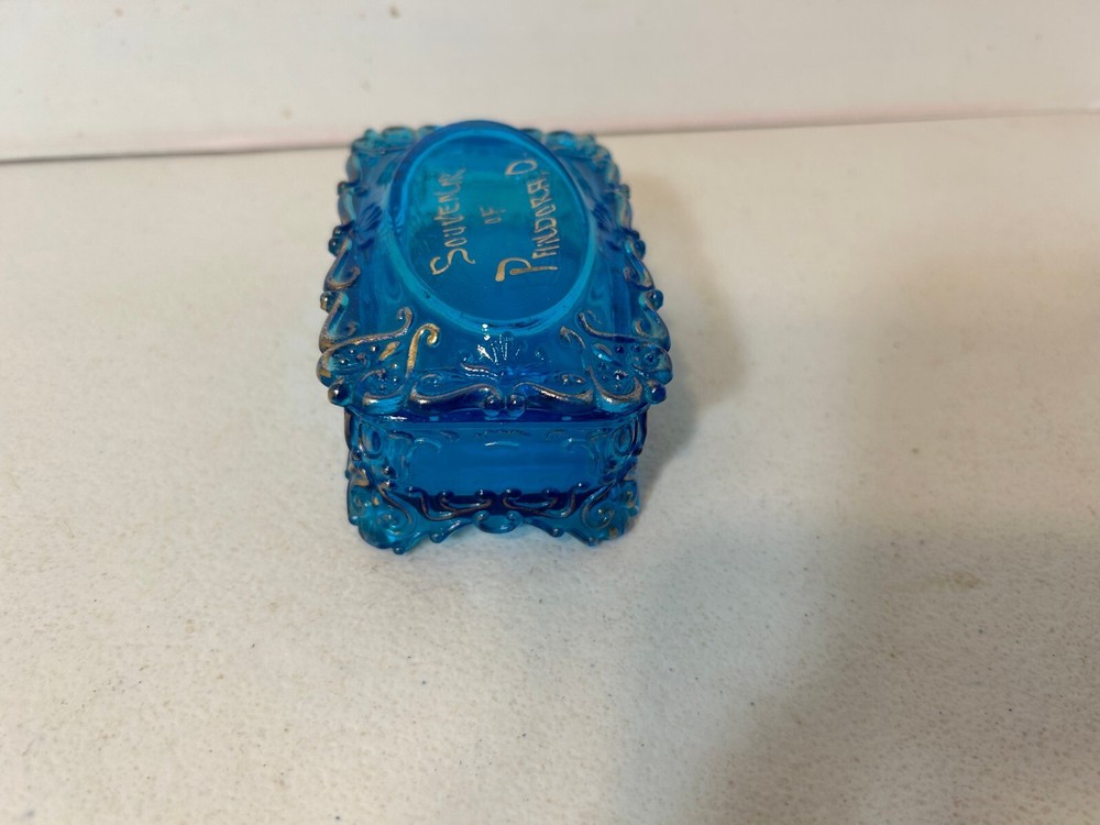 Vintage Blue Glass Trinket Box Souvenir Pandora Ohio